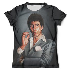 full_print_tee с принтом Tony Montana - Scarface во Владимире, Футболка с нанесением полноцветного изображения по всей поверхности может быть выполнена в двух вариантах - ХЛОПОК и СИНТЕТИКА. | Хлопок - ткань из 100% хлопка высшего качества пенье.  <br>Синтетика - ткань с высоким содержанием синтетического волокна (до 80%).  Материал хорошо тянется, имеет приятную на ощупь фактуру | Тематика изображения на принте: 