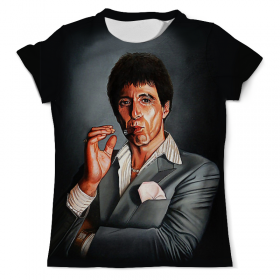 full_print_tee с принтом Tony Montana - Scarface во Владимире, Футболка с нанесением полноцветного изображения по всей поверхности может быть выполнена в двух вариантах - ХЛОПОК и СИНТЕТИКА. | Хлопок - ткань из 100% хлопка высшего качества пенье.  <br>Синтетика - ткань с высоким содержанием синтетического волокна (до 80%).  Материал хорошо тянется, имеет приятную на ощупь фактуру | 