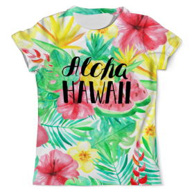 full_print_tee с принтом Aloha Hawaii во Владимире, Футболка с нанесением полноцветного изображения по всей поверхности может быть выполнена в двух вариантах - ХЛОПОК и СИНТЕТИКА. | Хлопок - ткань из 100% хлопка высшего качества пенье.  <br>Синтетика - ткань с высоким содержанием синтетического волокна (до 80%).  Материал хорошо тянется, имеет приятную на ощупь фактуру | Тематика изображения на принте: 