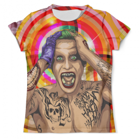 full_print_tee с принтом The Joker Design во Владимире, Футболка с нанесением полноцветного изображения по всей поверхности может быть выполнена в двух вариантах - ХЛОПОК и СИНТЕТИКА. | Хлопок - ткань из 100% хлопка высшего качества пенье.  <br>Синтетика - ткань с высоким содержанием синтетического волокна (до 80%).  Материал хорошо тянется, имеет приятную на ощупь фактуру | 