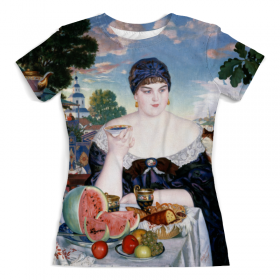 full_print_woman_tee с принтом Купчиха за чаем (Борис Кустодиев) во Владимире, Футболка с нанесением полноцветного изображения по всей поверхности может быть выполнена в двух вариантах - ХЛОПОК и СИНТЕТИКА. | Хлопок - ткань из 100% хлопка высшего качества пенье.  <br>Синтетика - ткань с высоким содержанием синтетического волокна (до 80%).  Материал хорошо тянется, имеет приятную на ощупь фактуру | 