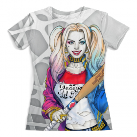 full_print_woman_tee с принтом Harley Quinn Design во Владимире, Футболка с нанесением полноцветного изображения по всей поверхности может быть выполнена в двух вариантах - ХЛОПОК и СИНТЕТИКА. | Хлопок - ткань из 100% хлопка высшего качества пенье.  <br>Синтетика - ткань с высоким содержанием синтетического волокна (до 80%).  Материал хорошо тянется, имеет приятную на ощупь фактуру | Тематика изображения на принте: 