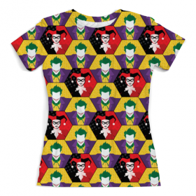 full_print_woman_tee с принтом Harley Quinn & The Joker во Владимире, Футболка с нанесением полноцветного изображения по всей поверхности может быть выполнена в двух вариантах - ХЛОПОК и СИНТЕТИКА. | Хлопок - ткань из 100% хлопка высшего качества пенье.  <br>Синтетика - ткань с высоким содержанием синтетического волокна (до 80%).  Материал хорошо тянется, имеет приятную на ощупь фактуру | 