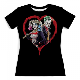 full_print_woman_tee с принтом Harley Quinn & Joker во Владимире, Футболка с нанесением полноцветного изображения по всей поверхности может быть выполнена в двух вариантах - ХЛОПОК и СИНТЕТИКА. | Хлопок - ткань из 100% хлопка высшего качества пенье.  <br>Синтетика - ткань с высоким содержанием синтетического волокна (до 80%).  Материал хорошо тянется, имеет приятную на ощупь фактуру | 