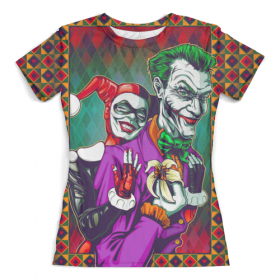 full_print_woman_tee с принтом The Joker&Harley Quinn Design (new) во Владимире, Футболка с нанесением полноцветного изображения по всей поверхности может быть выполнена в двух вариантах - ХЛОПОК и СИНТЕТИКА. | Хлопок - ткань из 100% хлопка высшего качества пенье.  <br>Синтетика - ткань с высоким содержанием синтетического волокна (до 80%).  Материал хорошо тянется, имеет приятную на ощупь фактуру | 