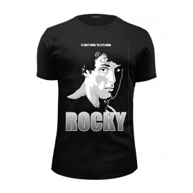 Мужская футболка Premium с принтом Rocky Balboa во Владимире, Белый, черный, серый меланж, голубой: 100% хлопок, плотность 160 гр. Остальные цвета: 92% хлопок, 8% лайкра, плотность 170-180гр. |  | 