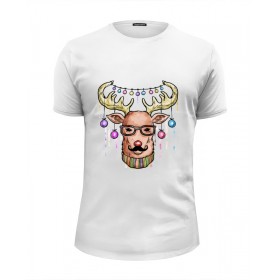 tee с принтом Christmas deer во Владимире, Белый, черный, серый меланж, голубой: 100% хлопок, плотность 160 гр. Остальные цвета: 92% хлопок, 8% лайкра, плотность 170-180гр. |  | Тематика изображения на принте: 