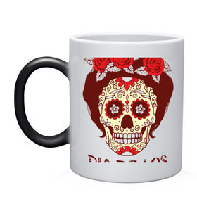 Кружка хамелеон День мертвецов: во Владимире, керамика | меняет цвет при нагревании, емкость 330 мл | Тематика изображения на принте: cobwebs | color | day of the dead | dead | death | eyes | girl | holiday | makeup | mask | mexican skull | mexico | ornament | pattern | взгляд | девушка | день мертвых | макияж | маска | мексика | мексиканский череп | мертвецов | орнамент | паутина | пра