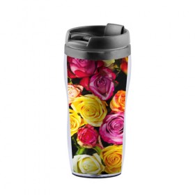 Термокружка-непроливайка с принтом Букет роз во Владимире, внутренняя часть — пищевой пластик, наружная часть — прозрачный пластик, между ними — полиграфическая вставка с рисунком | объем — 350 мл, герметичная крышка | Тематика изображения на принте: жёлтый | красный | лепестки | прикольные картинки | розы | цветочки | цветы