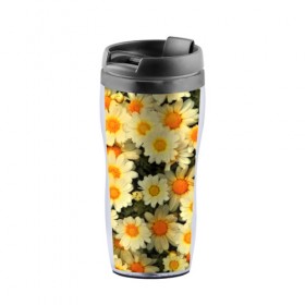 Термокружка-непроливайка с принтом Жёлтые цветочки во Владимире, внутренняя часть — пищевой пластик, наружная часть — прозрачный пластик, между ними — полиграфическая вставка с рисунком | объем — 350 мл, герметичная крышка | Тематика изображения на принте: flower | лето | полевой цветок | цветочки | цветы