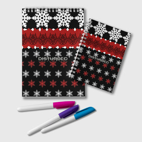Блокнот с принтом Праздничный Disturbed во Владимире, 100% бумага | 48 листов, плотность листов — 60 г/м2, плотность картонной обложки — 250 г/м2. Листы скреплены удобной пружинной спиралью. Цвет линий — светло-серый
 | Тематика изображения на принте: disturbed | альтернативный | встревоженные | группа | джон мойер | дистёрбд | дэвид дрейман | дэн дониган | знак | красный | майк венгрен | метал | надпись | новогодний | новый год | ню метал | нюметал