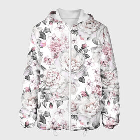 Мужская куртка 3D с принтом Белые розы во Владимире, ткань верха — 100% полиэстер, подклад — флис | прямой крой, подол и капюшон оформлены резинкой с фиксаторами, два кармана без застежек по бокам, один большой потайной карман на груди. Карман на груди застегивается на липучку | bouquets | color | gray | leave | lowers | ornament | patterns | pink | roses | букеты | графика | искусство | картинка | красивый | крутой | листья | мода | модный | молодёжная | орнамент | рисунок | розовые | розы | рукоделие | серый