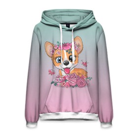 Мужская толстовка 3D с принтом Милый корги в цветах во Владимире, 100% полиэстер | двухслойный капюшон со шнурком для регулировки, мягкие манжеты на рукавах и по низу толстовки, спереди карман-кенгуру с мягким внутренним слоем. | 14 февраля | бабочки | девочка | день влюбленных | день святого валентина | корг | корги | милая | милота | милый | пес | собака | собачка | цветочки | цветы