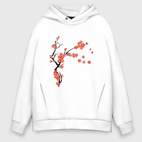 Мужское худи Oversize хлопок с принтом Красная сакура во Владимире, френч-терри — 70% хлопок, 30% полиэстер. Мягкий теплый начес внутри —100% хлопок | боковые карманы, эластичные манжеты и нижняя кромка, капюшон на магнитной кнопке | весна | ветка | дерево | красный | лето | распустились цветы | сакура | цветет