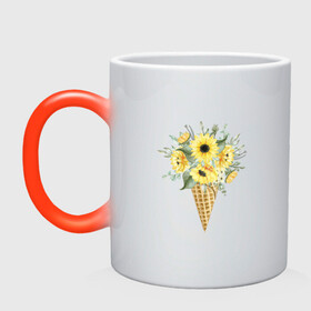 Кружка хамелеон с принтом МОРОЖЕННОЕ ИЗ ЦВЕТОВ во Владимире, керамика | меняет цвет при нагревании, емкость 330 мл | Тематика изображения на принте: букет | ветви | веточки | лепестки | лепесток | мороженное | рогалик | рожок | связка | стаканчик | цветочки | цветы