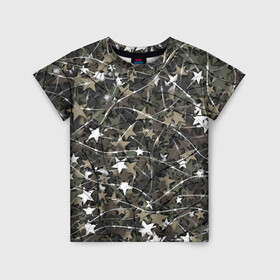 Детская футболка 3D Звёзды и колючки: во Владимире, 100% гипоаллергенный полиэфир | прямой крой, круглый вырез горловины, длина до линии бедер, чуть спущенное плечо, ткань немного тянется | звезда | звездатый | камуфляж | колючая проволока | милитари | паттерн | хаки | шипы