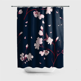Штора 3D для ванной с принтом Веточки сакуры во Владимире, 100% полиэстер | плотность материала — 100 г/м2. Стандартный размер — 146 см х 180 см. По верхнему краю — пластиковые люверсы для креплений. В комплекте 10 пластиковых колец | арт | ветка | ветки | веточка | веточки | ночь | рисунок | розовые бутоны | розовые цветы | сакура | тёмный фон | цветение | цветение вишни | цветок | цветы | цветы вишни | чёрное | яркие цветы