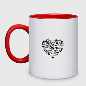 Кружка двухцветная Любовь: во Владимире, керамика | объем — 330 мл, диаметр — 80 мм. Цветная ручка и кайма сверху, в некоторых цветах — вся внутренняя часть | love | для влюбленных | любовь | надписи | надпись люблю | сердце | сердце из надписей | черное сердце