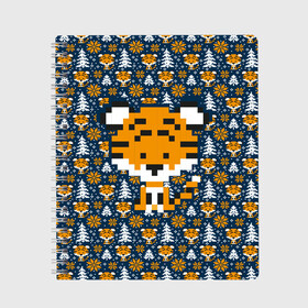 Тетрадь с принтом Вязаный тигренок во Владимире, 100% бумага | 48 листов, плотность листов — 60 г/м2, плотность картонной обложки — 250 г/м2. Листы скреплены сбоку удобной пружинной спиралью. Уголки страниц и обложки скругленные. Цвет линий — светло-серый
 | Тематика изображения на принте: 2022 | вязанка | паттерн | символ года | тигр | тигренок | хищник