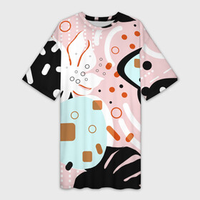 Платье-футболка 3D Абстрактные фигуры с пальмовыми листами на розовом фоне: во Владимире,  |  | абстрактные фигуры | абстракция | белый | вектор | векторный паттерн | геометрические фигуры | линии и точки | оранжевый | пальмовые листья | пальмовый | плательный | плоский | плоский рисунок